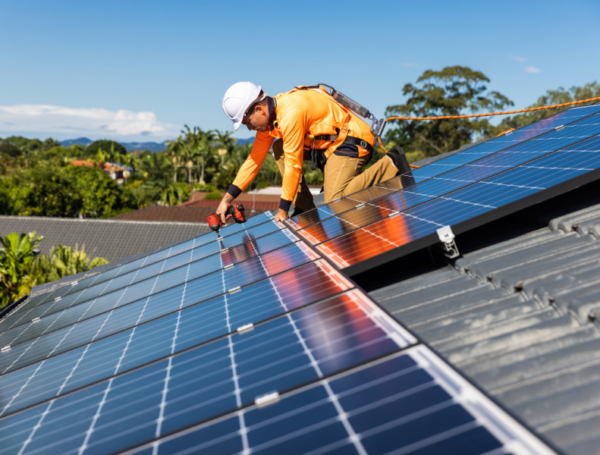 A professional solar technician in safety gear and an orange jacket installing solar panels on a residential rooftop.